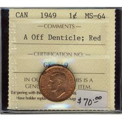 1949  1¢ A Off Denticle ICCS MS64 Red