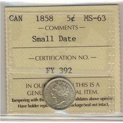 1858 5¢ ICCS Sml Date ICCS MS63.