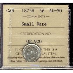 1875H 5¢ Small Date ICCS AU 50.  Brilliant. Scarce