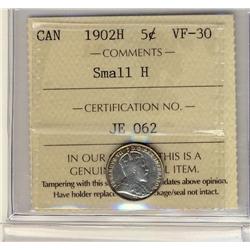 1902H 5¢ Small H ICCS VF30.