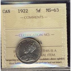 1922  5¢ ICCS MS63