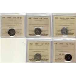 Lot of 5 10¢ coins all ICCS VF20. Includes 1902H, 1903H, 190