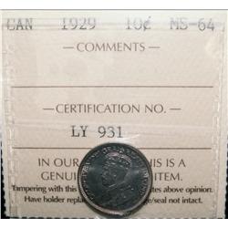 10¢ 1929 ICCS MS64.  Lots of lustre with golden bluish tone.