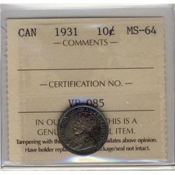1931 10¢ ICCS MS64.  Lovely example with bluish tone.