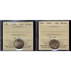 10¢ 1942 & 1943 ICCS MS64.  Lot of two coins both ICCS MS64 