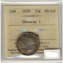 1870 25¢ Obv#1 ICCS MS63.  A super Victorian example.