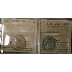 1872H Obv#2 and 1881H 25¢ both ICCS graded VF-30