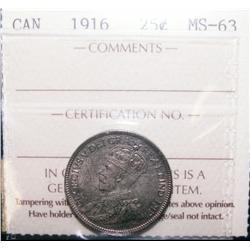 25¢ 1916 ICCS MS63.  Great eye appeal with light scattered b