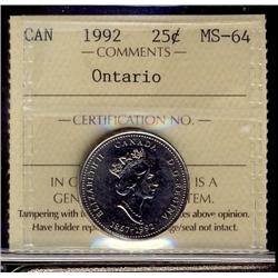1992 25¢ Ontario ICCS Ms64.
