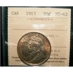 1913 50¢ ICCS MS62. Scarce in mintstate