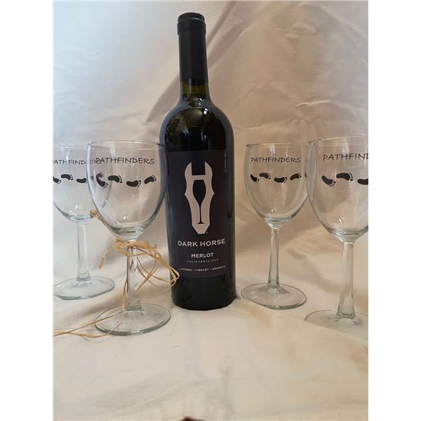 Set of 4 Pathfinder Wine Glasses & Bottle of Dark Horse Merlot Wine