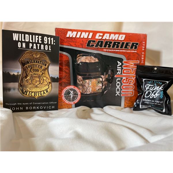 Wildlife 911 Book by Ofc. J. Borkovich, Watson Mini Camo Carrier, & Funk Off Hand Scrub Combo