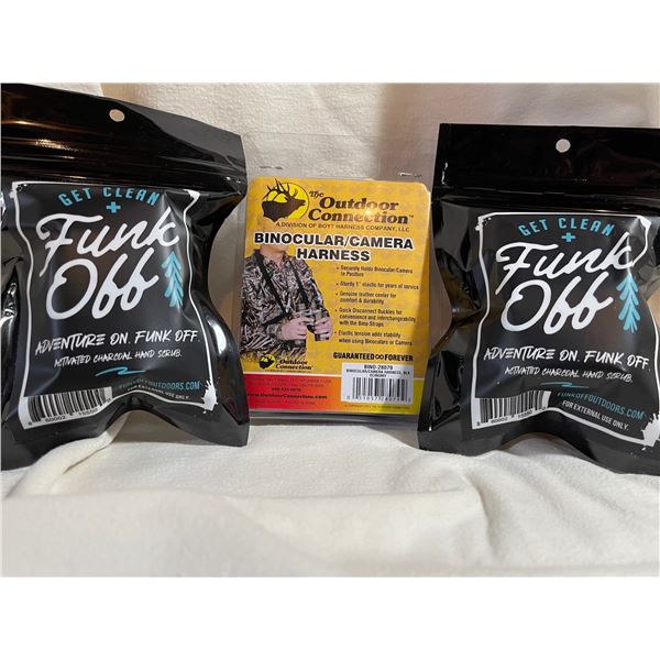 Outdoor Connection Binocular/Camera Harness & 2-Funk Off Hand Scrubs Combo
