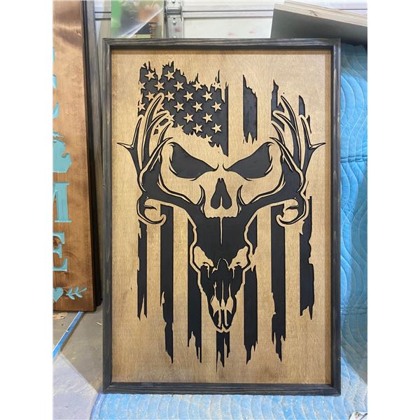 Woodline Designs American Flag / Deer Skull Wood Wall Art, 36"x24"