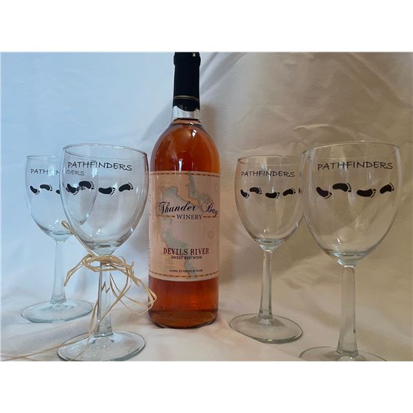 Set of 4 Pathfinder Wine Glasses & Bottle of Thunder Bay Devil's Red Wine