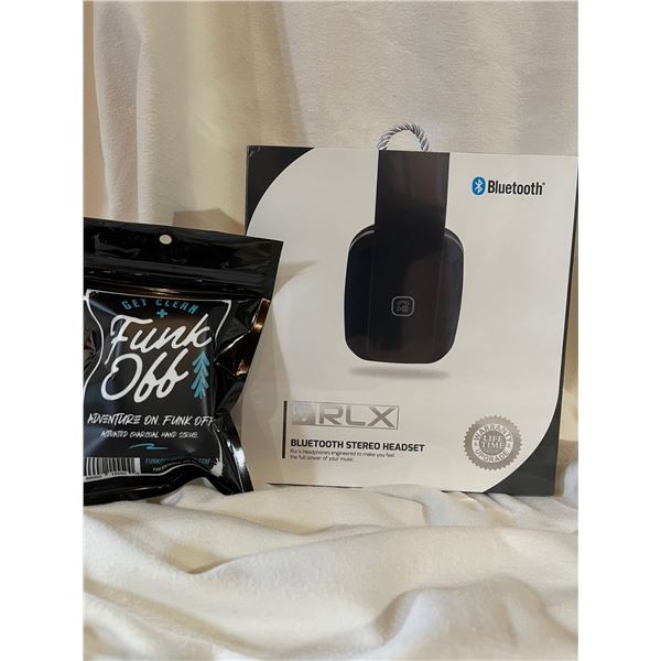RLX-100 Bluetooth Stereo Head Set & Funk Off Hand Scrub Combo