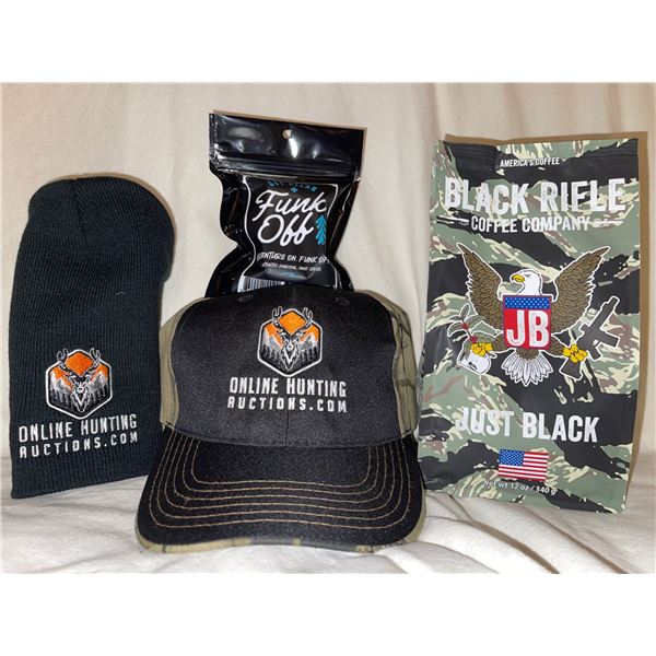 Online Hunting Auctions.com Ball Cap & Stocking Cap, Black Rifle Just Black Coffee w/ Funk Off Hand 