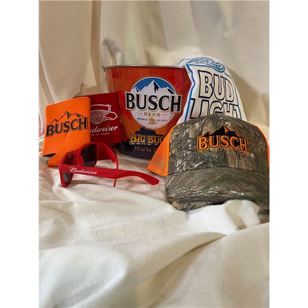 Anheuser-Busch Package w/ Beer Bucket, T-Shirt (XL), Ball Cap, Cozies, and Sunglasses