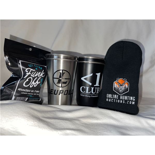 4-Leupold/Wild Sheep Foundation Metal Cups, Online Hunting Auctions Stocking Cap, & Funk Off Hand Sc