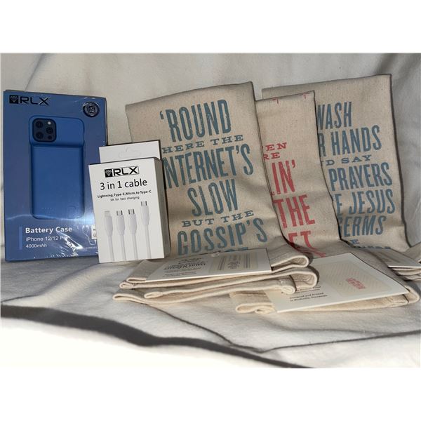 RLX Iphone 12/12 Pro Battery Case, RLX 3 in 1 Charging Cable, & Dishtowel Set (3) Combo