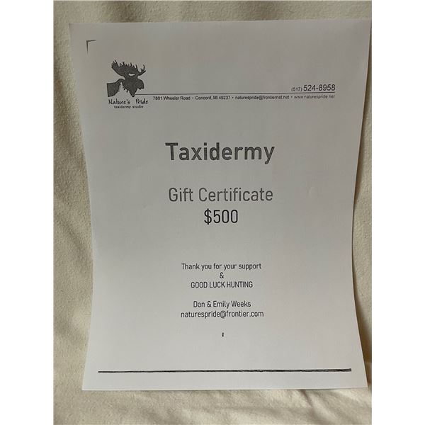 $500 Gift Certificate for Nature's Pride Taxidermy - Concord, MI