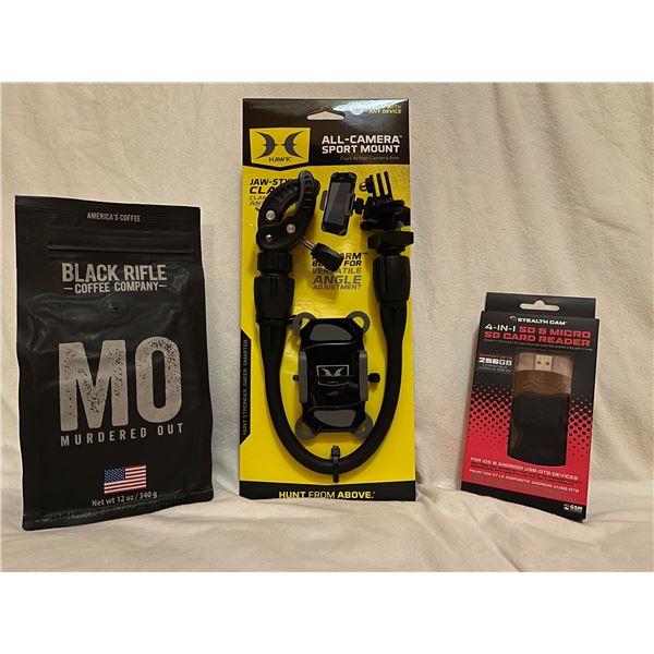 Hawk All Camera Sport Mount, Stealthcam SD/Micro-SD Card Reader, & Black Rifle Murdered Out Coffee C