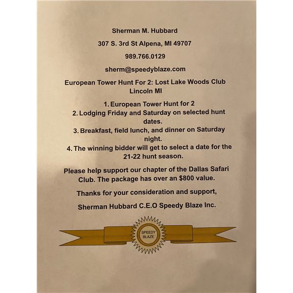 European Tower Hunt For 2 in Lincoln, MI (Includes 2-Nights Lodging, & 1-Day of Meals)