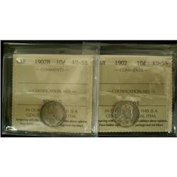 1902 and 1902H 10¢, both ICCS graded AU-55