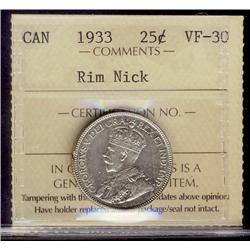 1933 25¢ ICCS VF30, Rim Nick.