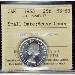 1953 25¢ Sml Date ICCS MS63 Heavy Cam.