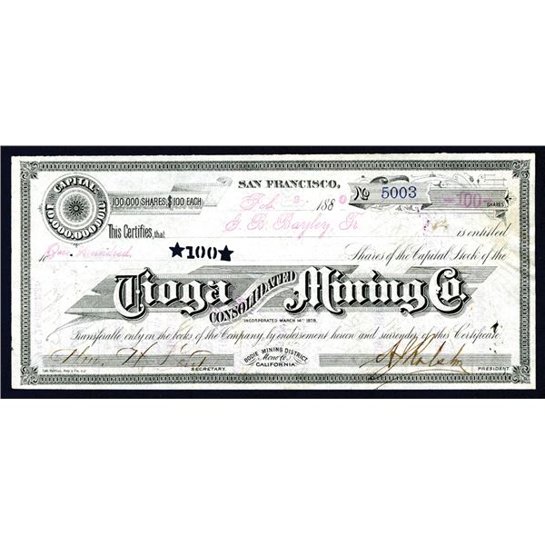 Tioga Consolidated Mining Co., 1880 I/U Bodie Mining District Stock Certificate.