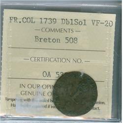 1739 Double Sol Breton # 508 French Colonies   ICCS VF20.
