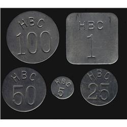 1946 Hudson Bay Tokens. Set of 5 pieces. 5¢, 25¢, 50¢, $1 an