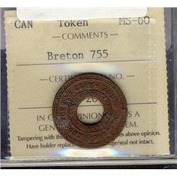Breton #755, graded ICCS MS-60, Evening Globe.