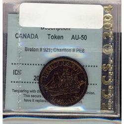 Breton #921, Charlton #PE8, graded CCCS AU-50.Halfpenny Toke