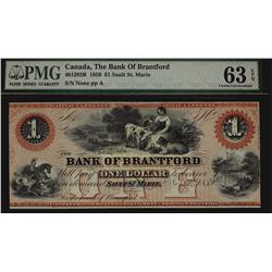 Bank of Brantford, 1859 $1 CH-40-12-02R. PMG UNC63EPQ.