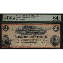 Bank of Brantford, 1859 $2 CH-40-12-04R. PMG UNC64EPQ.