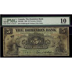 The Dominion Bank, 1905 $5 #213524 CH-220-16-08. PMG VG10.