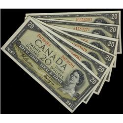 1954 $20 BC-41a. Lot of six notes. EF - AU.