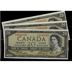 1954 $20 BC-41a.  Lot of three consecutive notes. Original A