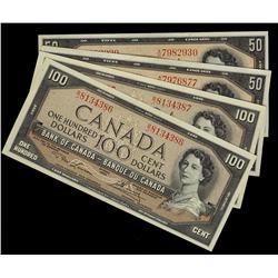 1954 $50 & $100. Lot of four notes, includes BC-42a (2) $50 