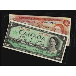 1967 $1 BC-45bA #*L/O7012990 and 1974 $2 BC-47aA #*RW5566781