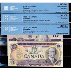 1971 $10 BC-49d #EET0441719 UNC-64, 1989 $10 BC-57aA #ADX191