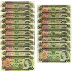 Set of 1969 $20 notes. Complete set of 19 notes.  Includes B