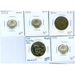 USA Large Cent 1850 in Fine-15, Dimes 1941 in MS-65, 1943 in
