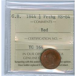 Great Britain 1844 1/2 Farthing ICCS MS64RD.  Gem wine red e