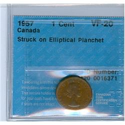 1957 1¢ ERROR CCCS VF20.  Cent struck on elliptical planchet