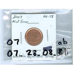 2007 1¢ ERROR, BU obverse with extreme weak strike on the re
