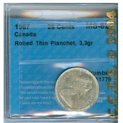 1967 25¢ ERROR CCCS MS62.  Rolled thin planchet, 3,3gr.