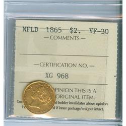 1865 Nfld $2 Gold ICCS VF30. First i issue this is a nice co